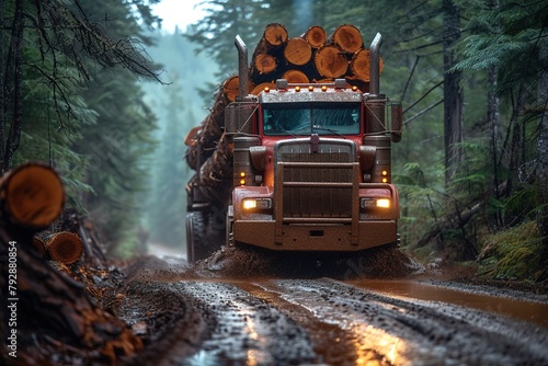 A trucker navigating a challenging forest road, their semi-truck hauling a massive load of freshly cut timber