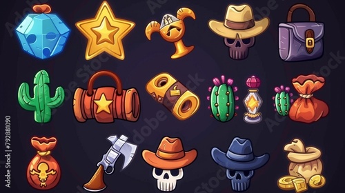 A set of wild west icons including cowboy hats, boots, a sheriff star, dynamite, an axe, skulls in masks, snakes, tequila, diamonds, cactus, horseshoes, saddlers, and sacks with gold, a saddlebag photo