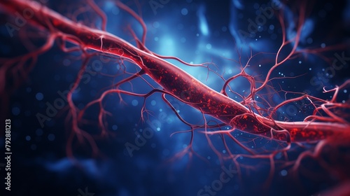 Human circulatory system, showing the nervous system and blood vessels.