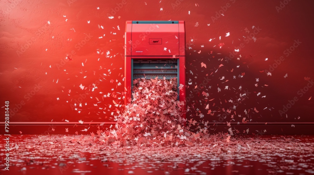 Business document shredder in operation, close-up on a vibrant red ...