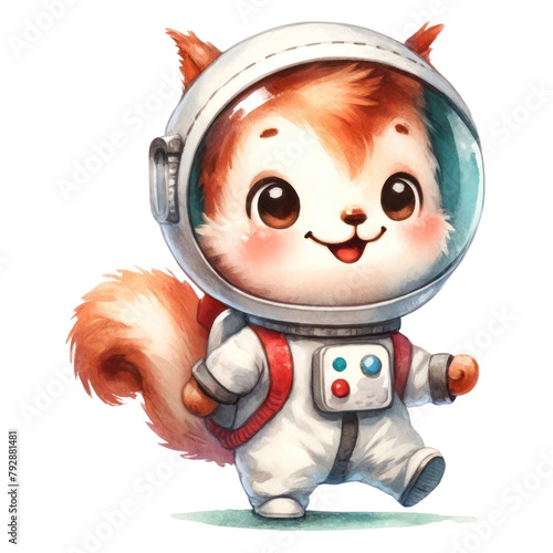 A cartoon squirrel wearing an astronaut helmet and spacesuit, walking happily. photo