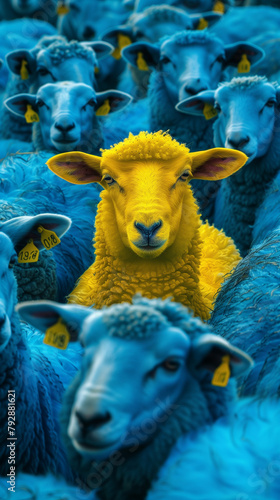 A vibrant yellow sheep stands out in a crowd of identical blue sheep, symbolizing individuality, uniqueness, and the courage to be different, created with generative AI technology