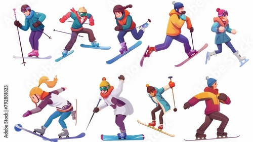 Winter sport equipment for riding on snow and ice for skiers, snowboarders, skaters, hockey sticks and pucks. Modern cartoon of man skiing, boy snowboarding, and woman skating.