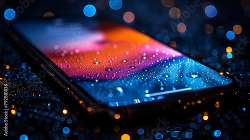 Wet smartphone showcased with clear focus, vibrant colors, and a simple background for text inclusion photo
