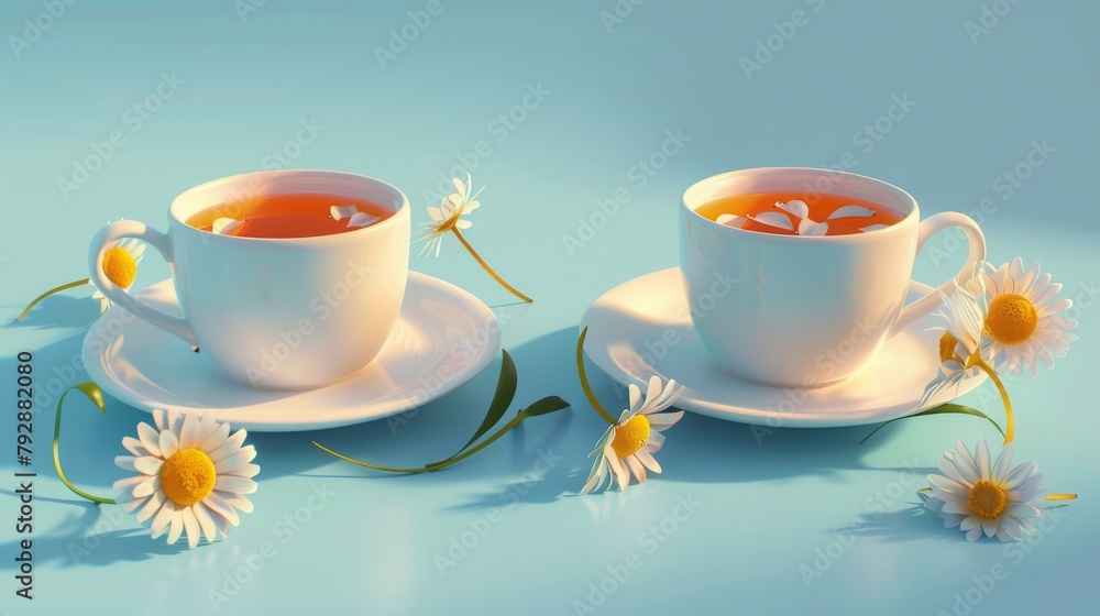 An illustration of two cups of tea, one filled with Chamomile flowers and one empty