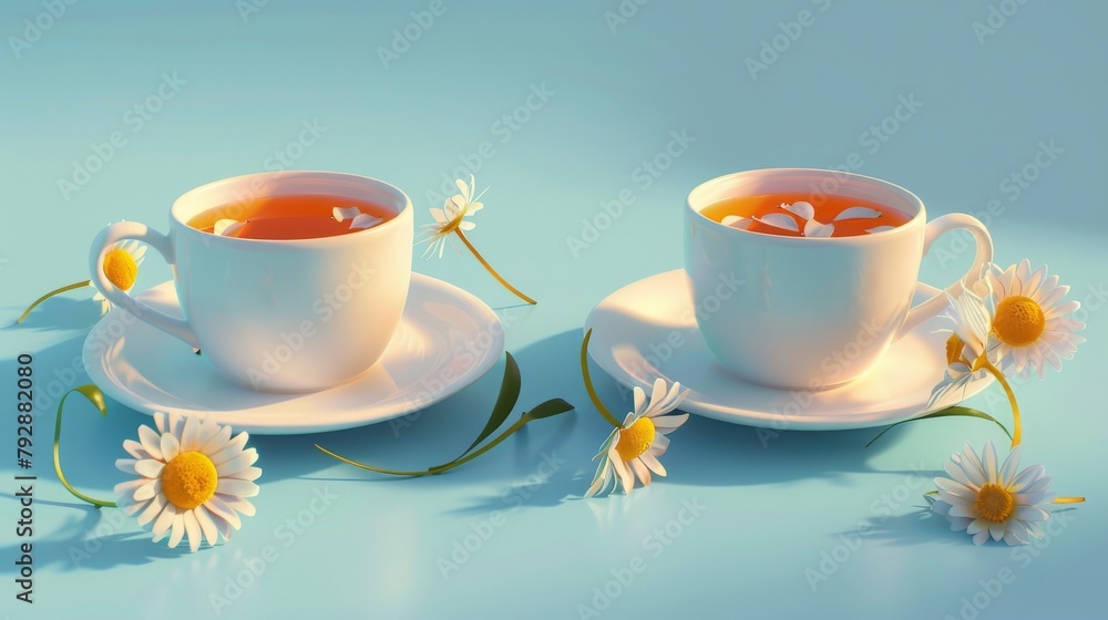 An illustration of two cups of tea, one filled with Chamomile flowers and one empty An illustration of two cups of tea, one filled with Chamomile flowers and one empty