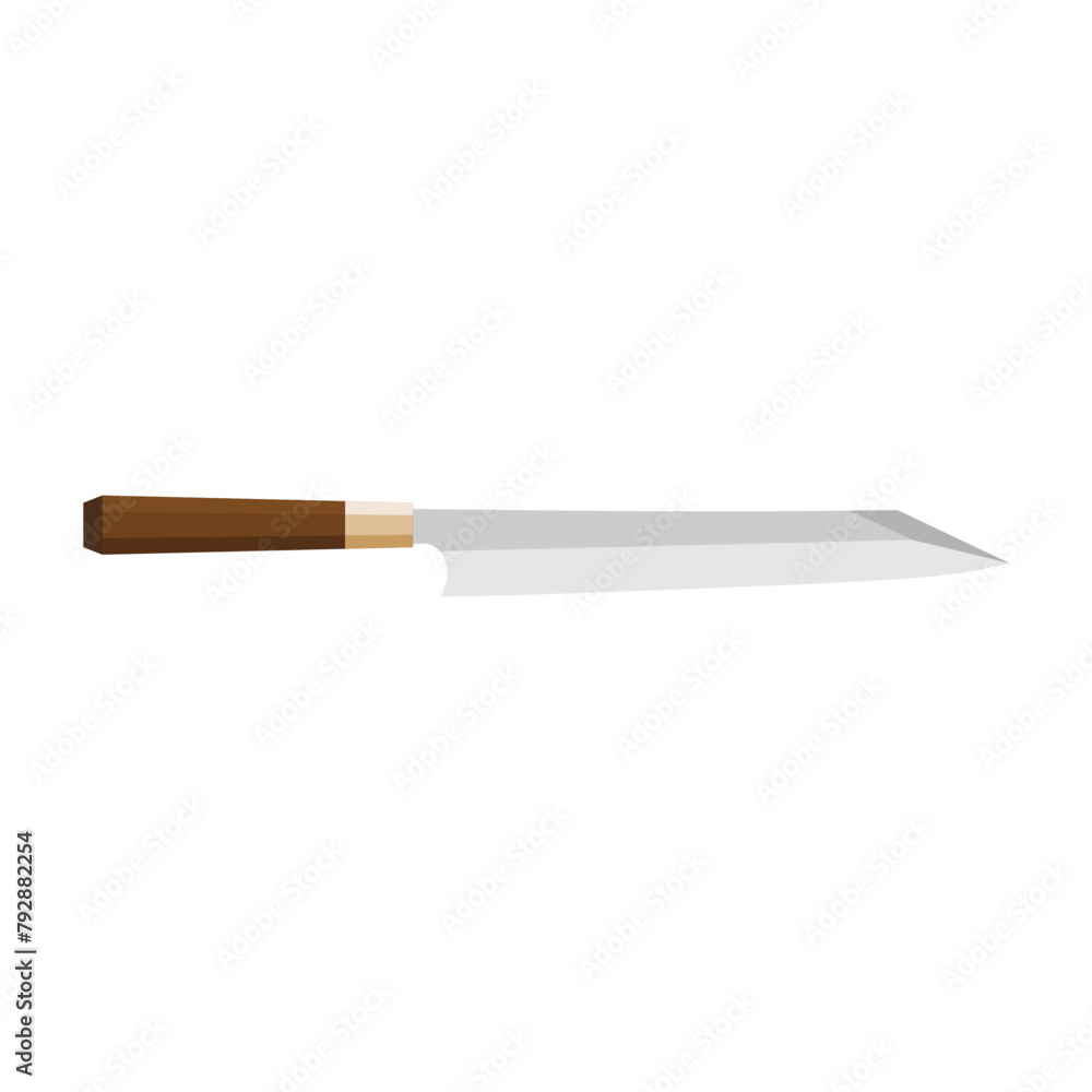 Kiritsuke, Japanese kitchen knife flat design vector illustration isolated on white background. A traditional Japanese kitchen knife with a steel blade and wooden handle.