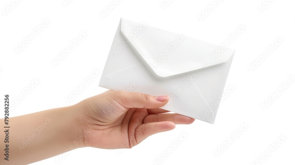 Closeup hand holding white envelope isolated white background. AI generated image