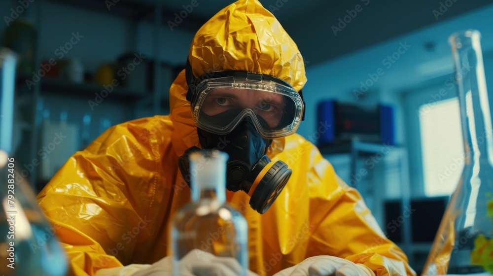 Confident chemist in yellow hazmat suit hold test-tube experimental vaccine covid infection wear yellow latex gloves goggles breathing mask Confident chemist in yellow hazmat suit hold test-tube experimental vaccine covid infection wear yellow latex gloves goggles breathing mask