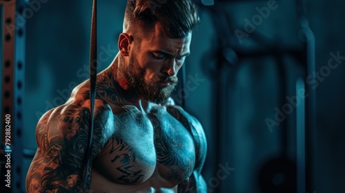 Muscular bearded body tattoed man training in gym. Exercise for the muscles