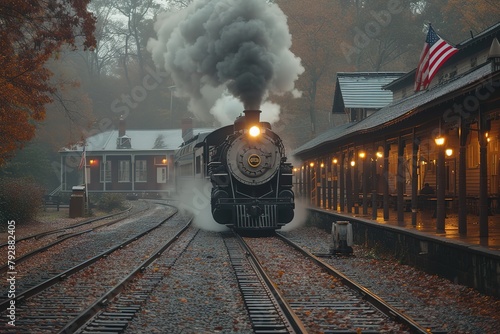 A vintage passenger train departing from a classic train station, puffing steam and waving flags photo