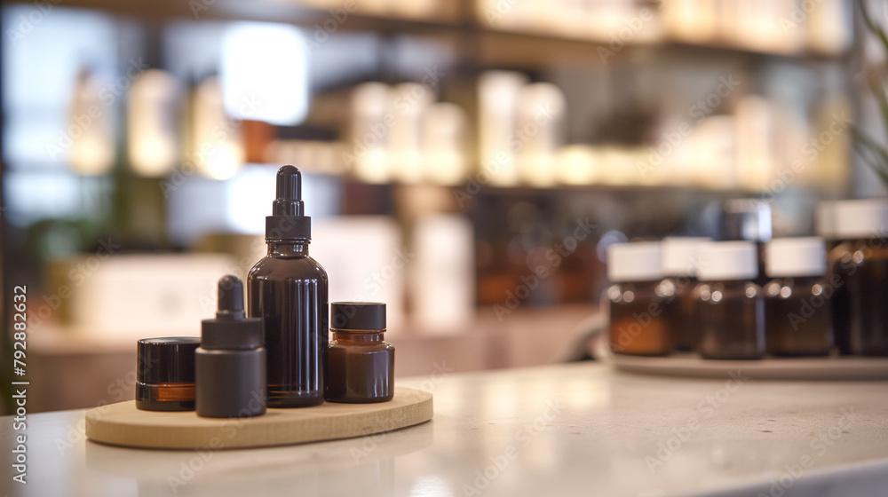 Modern skincare products on a brightly lit retail store counter. Copy space. Generative AI Modern skincare products on a brightly lit retail store counter. Copy space. Generative AI