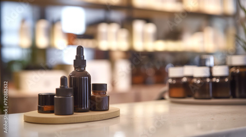 Modern skincare products on a brightly lit retail store counter. Copy space. Generative AI