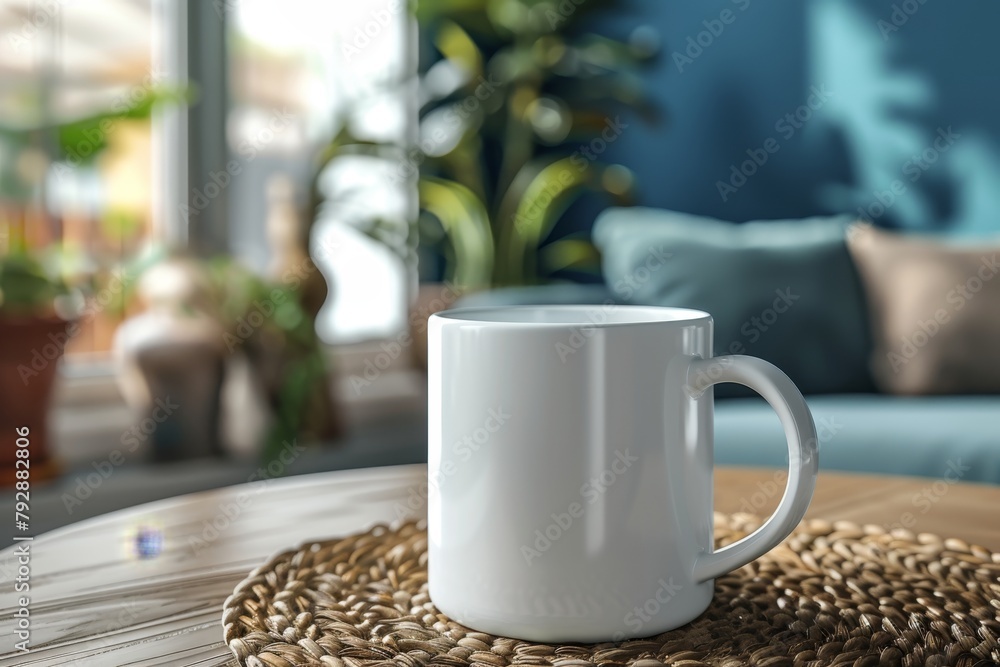 White mug mockup in living room setting White mug mockup in living room setting