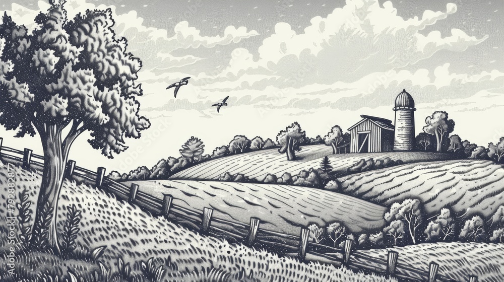 Fototapeta premium Landscape of rural farmlands with hand-drawn engraving style illustrations.