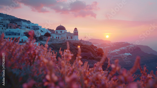 Beautiful pink sunset at Santorini island Greece. 