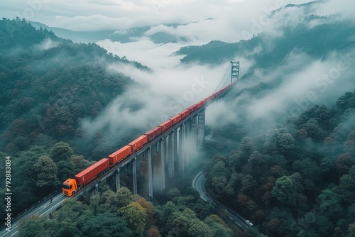 An aerial view of a convoy of semi-trucks crossing a stunning suspension bridge, with cables disappearing into the clouds