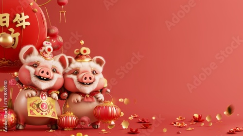 An image of a lion dance and a pig with a blank spring couplet for Chinese New Year greeting  in red and beige colors
