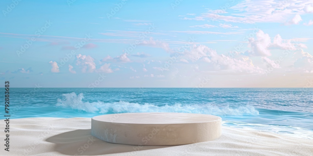 Beach podium background product, sand, product, sea display platform. Summer banner, stand, stage, sale, sky, holiday, vacation, sun, travel, pedestal, promotion, presentation, advertisement.