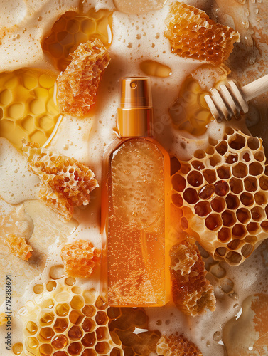 Composition with bottle of cosmetics in rich honey tones, pieces of beeswax, propolis, honey dipper photo