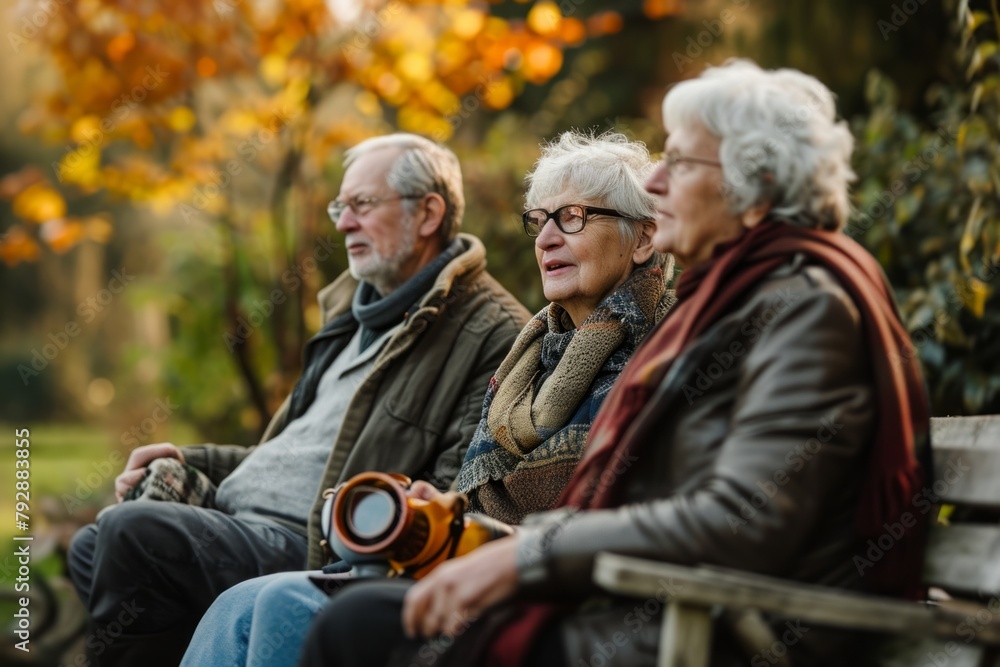 Group of seniors sitting on a bench in the park and talking.