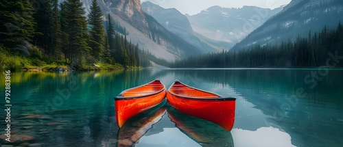 Red kayaks drying upside down at Emerald Lake in the Canadian Rockies. Concept Photography, Kayaking, Nature, Travel, Outdoor Adventure