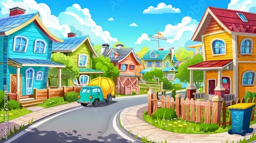 The view of a suburban district from the wooden house terrace with porch and railings. A street with residential dwellings, countryside homes and a garbage truck on the road, Cartoon 2D modern © Mark