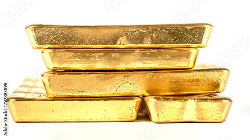 Stack of Shiny Gold Bars on White Background. Concept of Wealth and Investment. Close-up of Gold Bullion. Precious Metal Trading Theme. AI photo