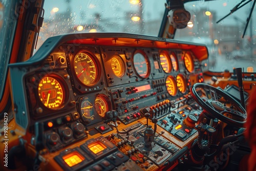 An intricately detailed dashboard of a semi-truck, with an array of gauges, switches, and screens, displaying critical information for the driver