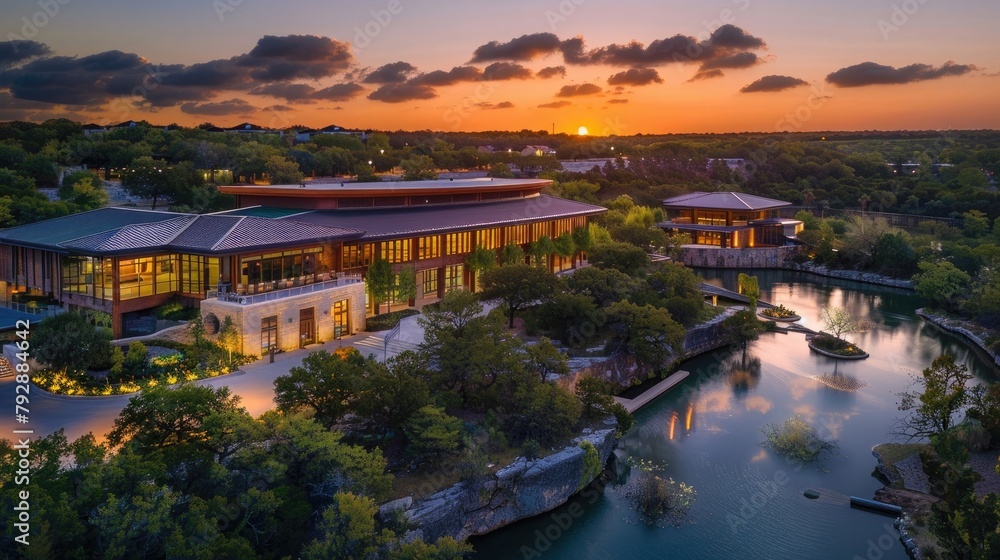 Obraz premium An upscale corporate retreat, set against a backdrop of scenic natural beauty, offering opportunities for team building, leadership development, and strategic planning in a relaxed and inspiring envir