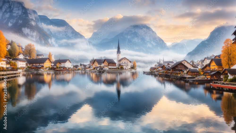 A mountain village sits on the edge of a lake in a valley - obrazy, fototapety, plakaty 
