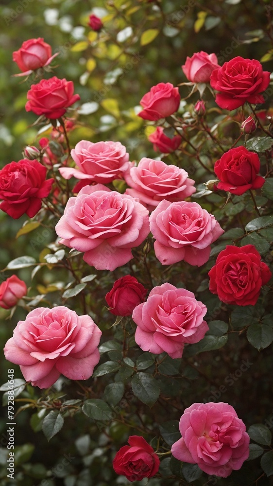 Vibrant display of roses in full bloom dominates image, showcasing mix of deep red, soft pink petals that unfold gracefully against backdrop of lush greenery. Each rose. Vibrant display of roses in full bloom dominates image, showcasing mix of deep red, soft pink petals that unfold gracefully against backdrop of lush greenery. Each rose.