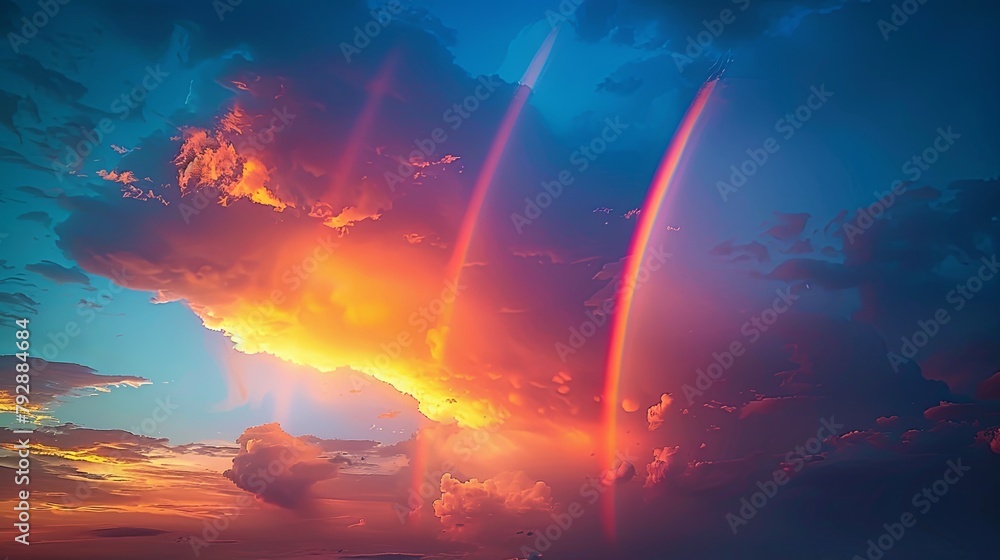 Celestial Arcs: Majestic Double Rainbow at Dusk Celestial Arcs: Majestic Double Rainbow at Dusk