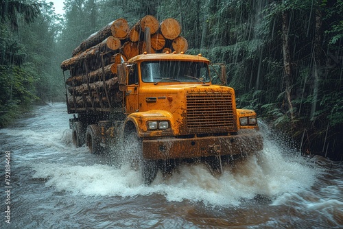 Wallpaper Mural Logging Truck Water Crossing A logging truck crossing a river or stream, illustrating challenges in off-road trucking Torontodigital.ca