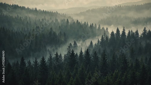 an image of a foggy forest from above. The trees are mostly green, and the fog is white. photo
