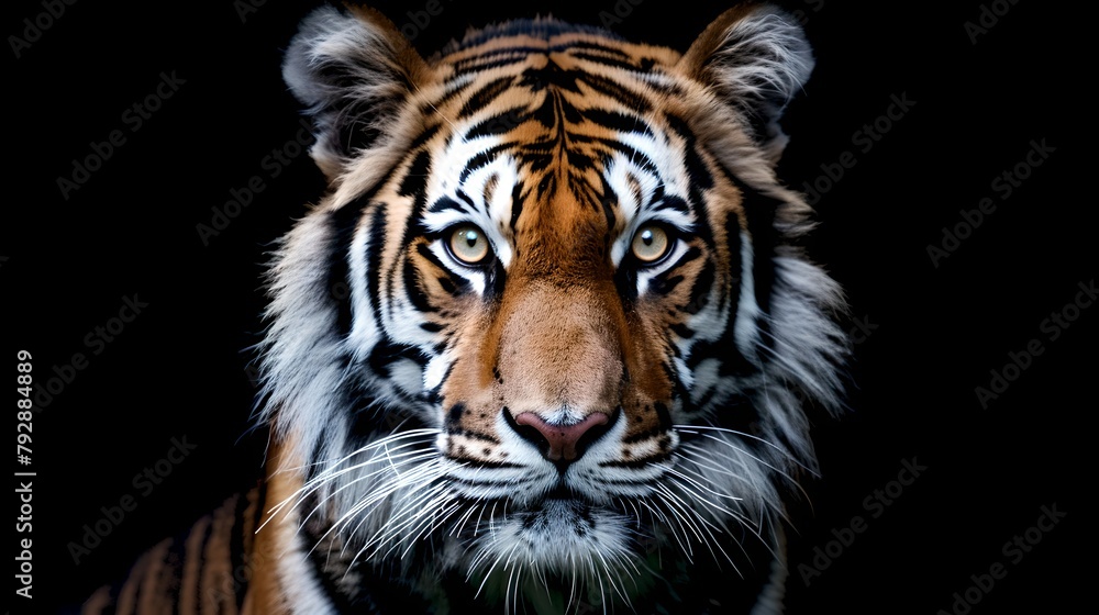 Majestic Tiger Portrait on Black Background, Captivating Feline Gaze. Wildlife Photography for Art and Decor. AI