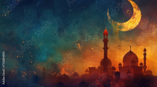 Illustration of Ramadan lantern and mosque with watercolor style against a dark background.  photo
