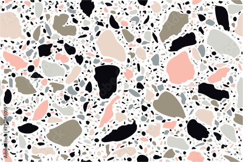 Seamless terrazzo pattern. Vector illustration Background for print home decor, interior, fabric, textile, paper, packaging, covers. Imitation of the surface of a stone floor made of granite particles