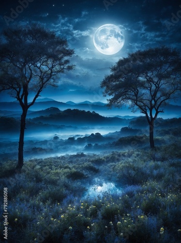 Full moon casts silvery glow upon mystical landscape, illuminating misty grounds, silhouette of distant mountains. Two barren trees stand as silent sentinels.