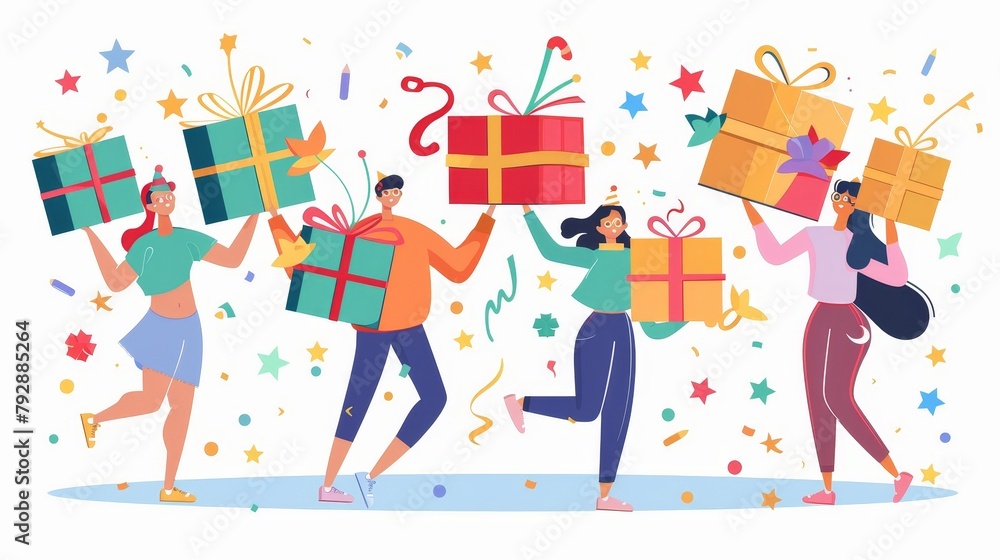 People holding gift boxes, giving presents for birthdays, holidays and Christmas. Modern flat illustration of a person receiving rewards, giving presents, and holding a gift box with ribbon bow on a