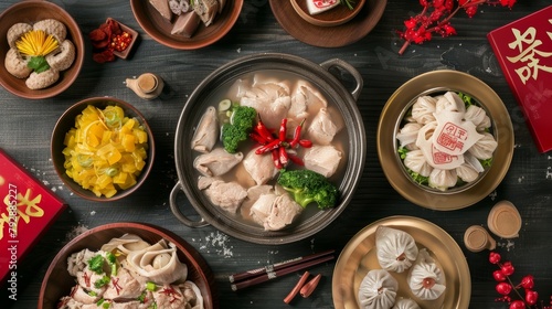 With other lavish dishes in top view angle, a Chinese text translation translates reunion dinner as 