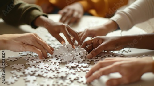 Portrait close up hands of multiracial team assembling white puzzle together. AI generated image
