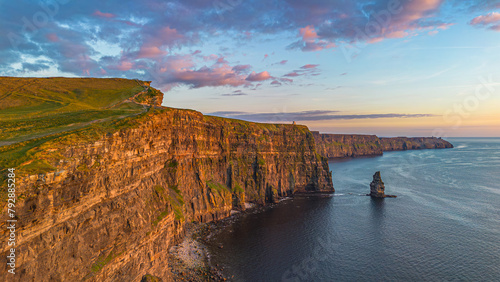 Aerial landscape cliffs of Moher at sunset in County Clare. Ireland