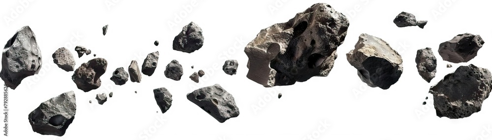 A detailed view reveals a cluster of asteroids, their rugged, cratered surfaces illuminated against the stark white of space. mystery and timeless beauty of these celestial relics A detailed view reveals a cluster of asteroids, their rugged, cratered surfaces illuminated against the stark white of space. mystery and timeless beauty of these celestial relics