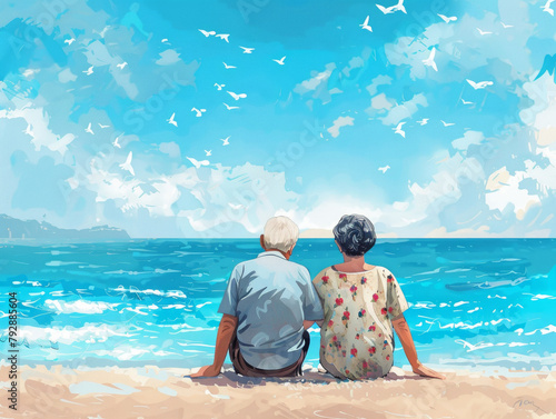   Coppia di anziani asiatici  di spalle che guardano il mare , coppia anziana sorridente insieme su una spiaggia soleggiata  photo