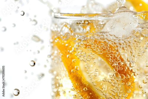 Detailed focus on a sparkling citrus soda with ice and a twist of lemon zest, bubbles rising to the surface, isolated on a white background for a refreshing drink campaign