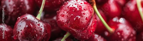 Intimate focus on a cluster of ripe red cherries, their glossy surfaces reflecting light, with stems intact, isolated on a white background, suitable for dessert toppings or snack options