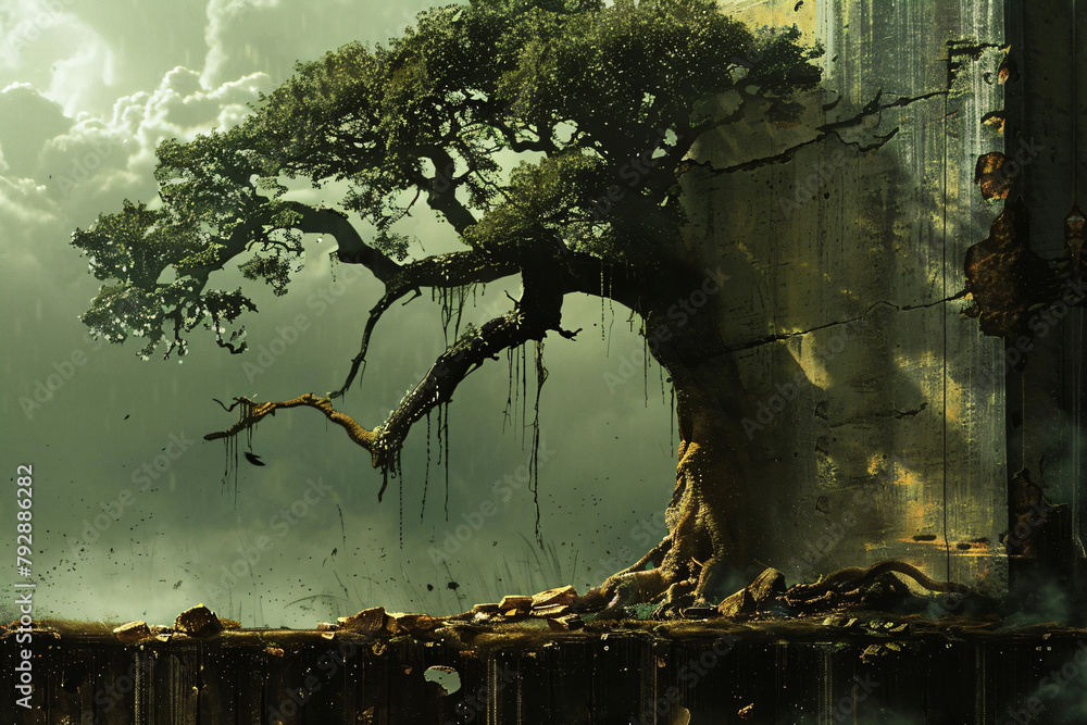 Fantasy tree with intricate roots and dripping moss in a mystical ...