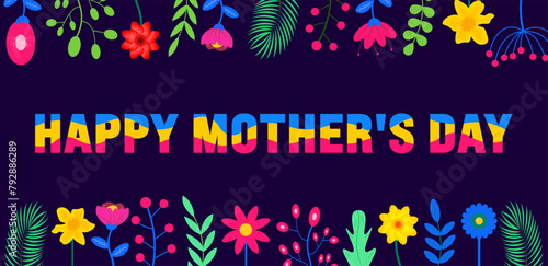 Happy Mother's day typography with colorful flower background template. use to background, banner, placard, card, and poster design template with text inscription and standard color.