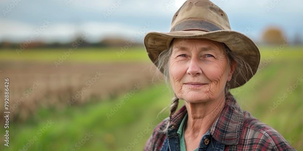A farmer woman in a straw hat and overalls is smiling at the camera